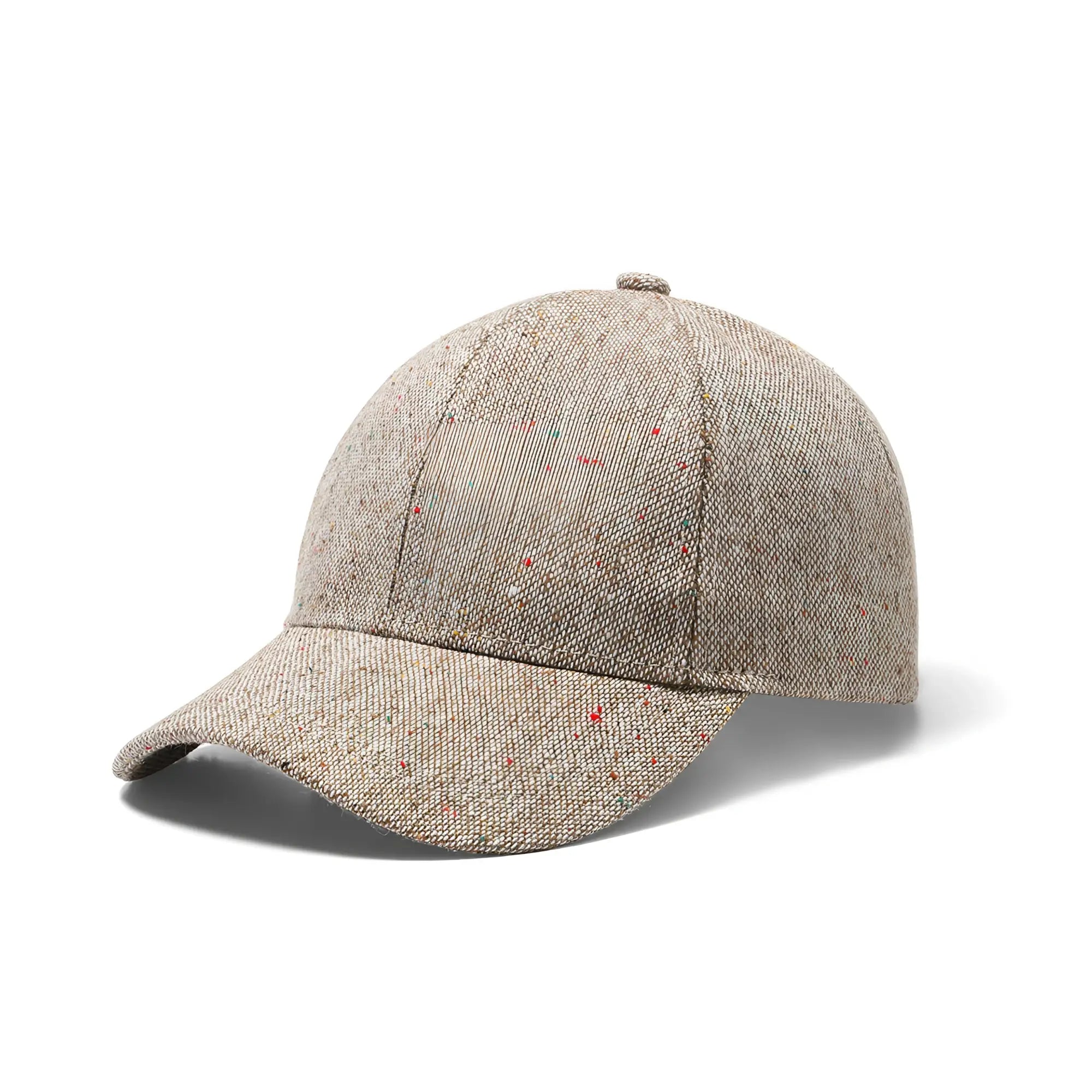 Beige tweed speckled baseball cap with subtle red and green flecks perfect for casual outdoor wear
