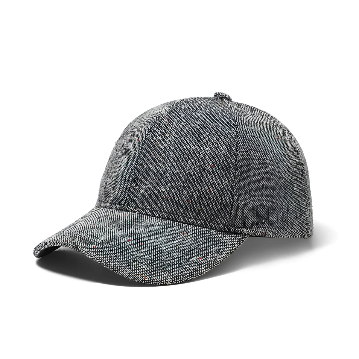 Gray tweed speckled baseball cap with herringbone pattern structured crown and curved brim
