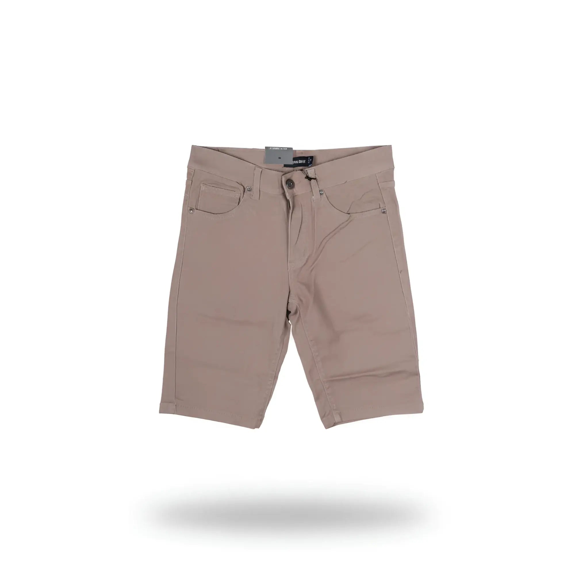 Beige twill stretch skinny shorts with classic five-pocket design and button closure for casual wear