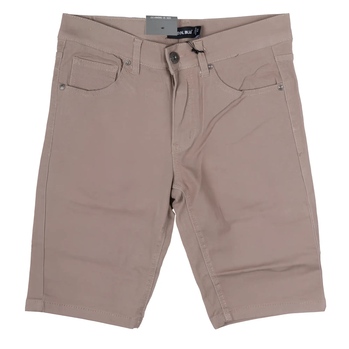 Beige twill stretch skinny shorts featuring a five-pocket design with silver-toned hardware for casual wear