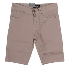Beige twill stretch skinny shorts featuring a five-pocket design with silver-toned hardware for casual wear
