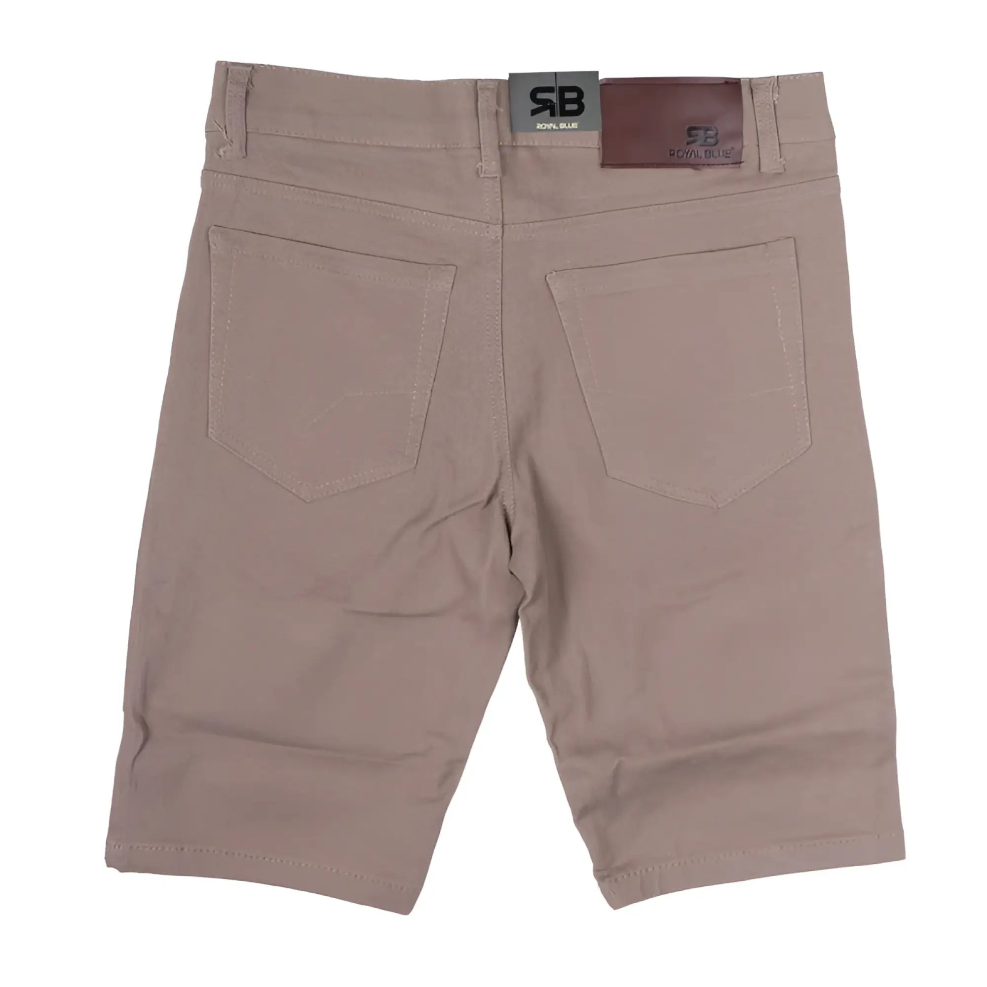 Beige twill stretch skinny shorts with subtle texture and two back pockets shown from the back side