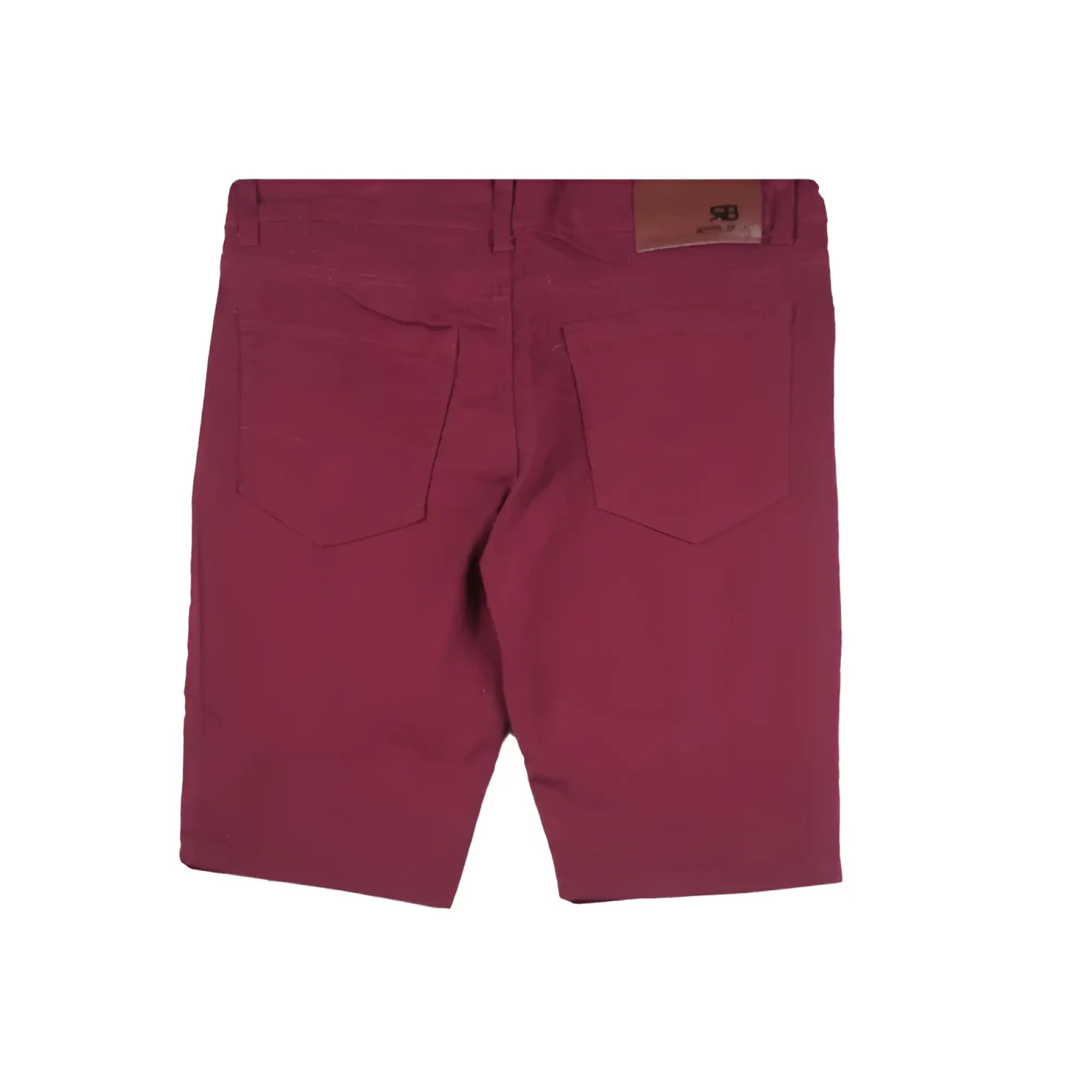 Maroon twill stretch skinny shorts in denim with a brown leather brand patch at the back waistband