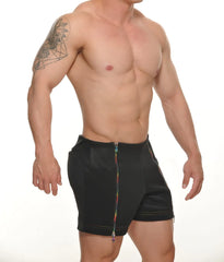 Black athletic shorts named tyler zipper short with a rainbow-colored front zipper for activewear use