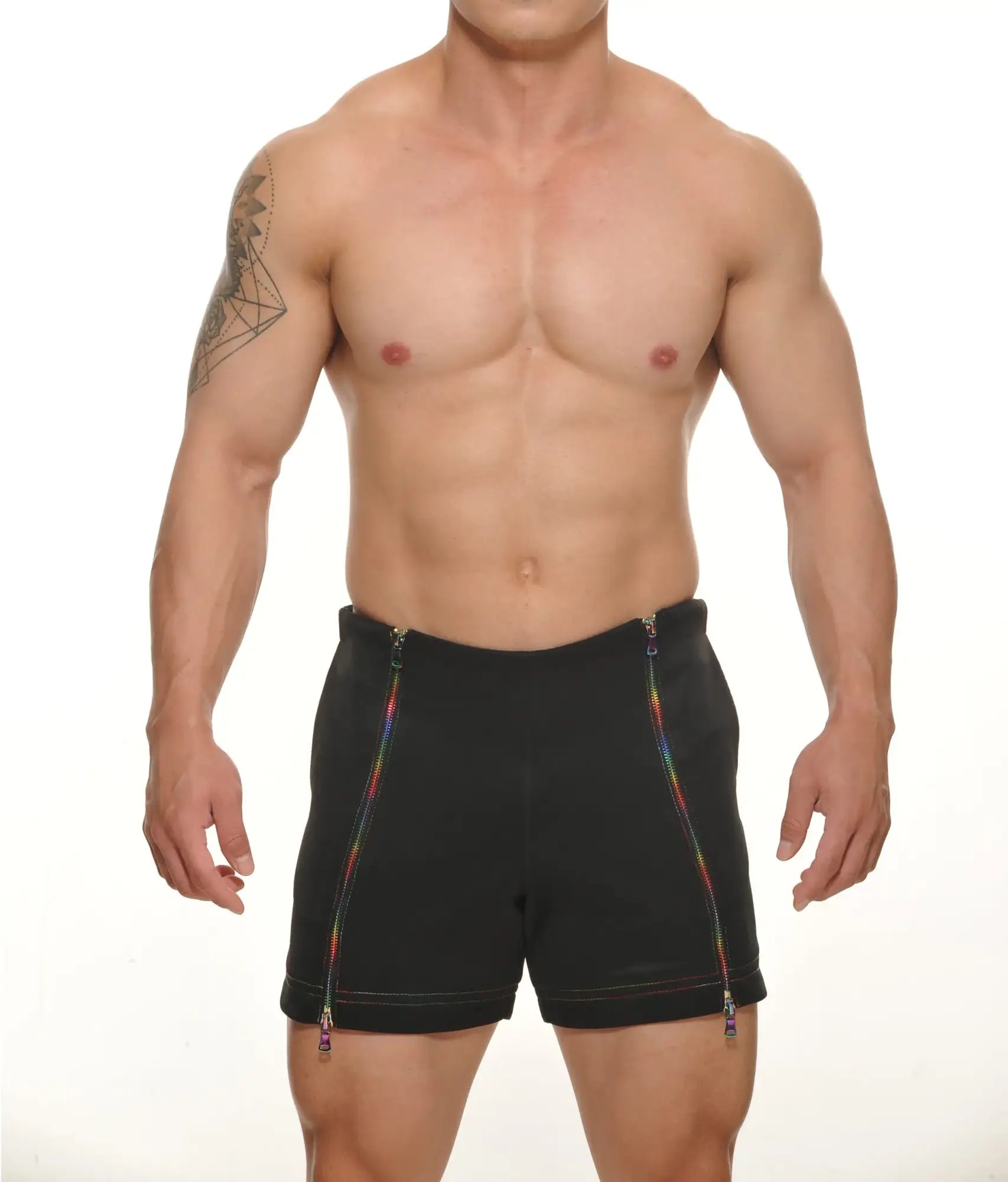 Black Tyler zipper shorts featuring rainbow-colored side zippers for a vibrant casual look