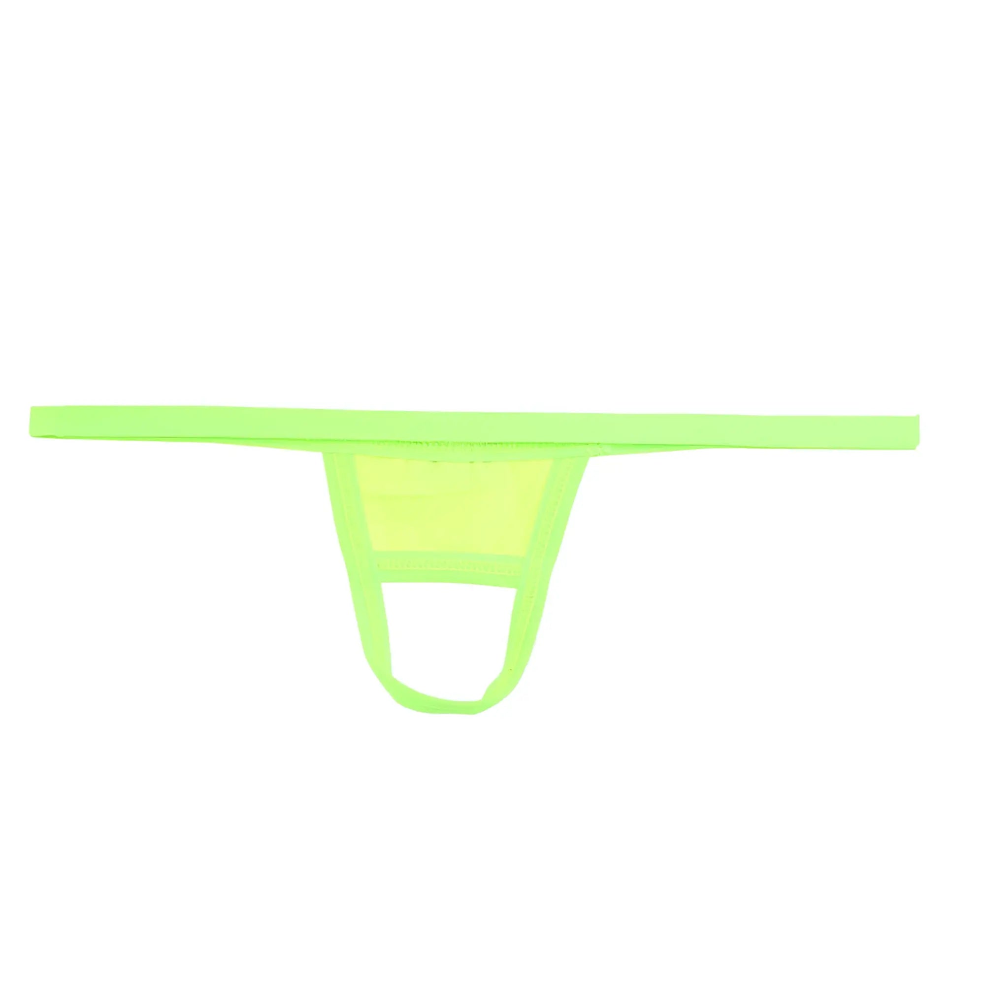 Bright neon green u-station ball holder thong made of stretchy fabric with a minimalist design front view