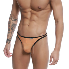 U-station bar thong neon orange mesh with black trim and urs logo on waistband showing front side view