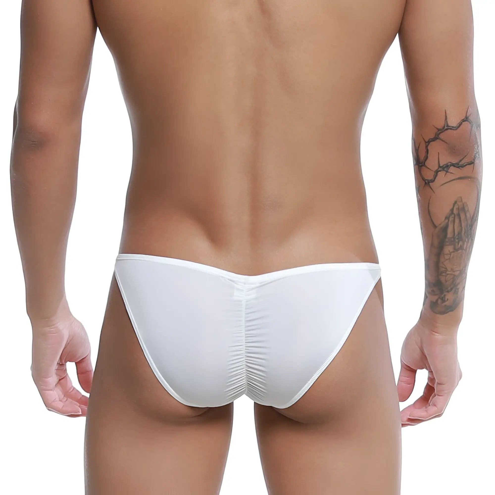 White form-fitting swim trunks with ruched back design from u-station me bikini u0032-100 product image back side