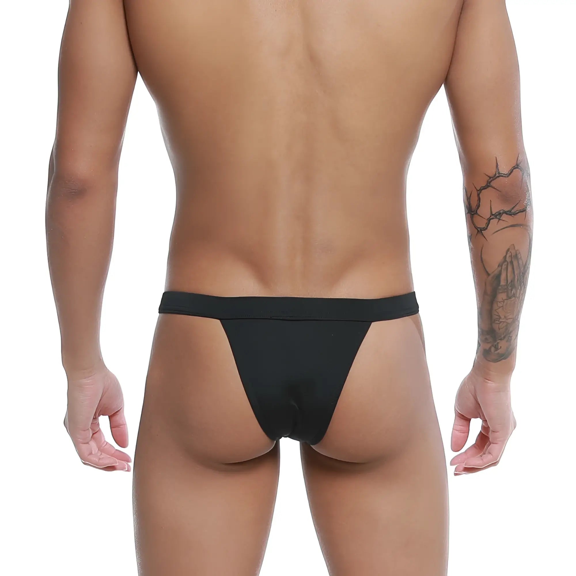 Black thong bikini u-station bow u0052-001 made of smooth stretchy fabric with a narrow waistband shown from the back