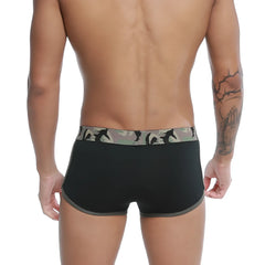 Black briefs with a khaki camouflage waistband featuring running figure silhouettes from u-station brazilian trunk u0005-274