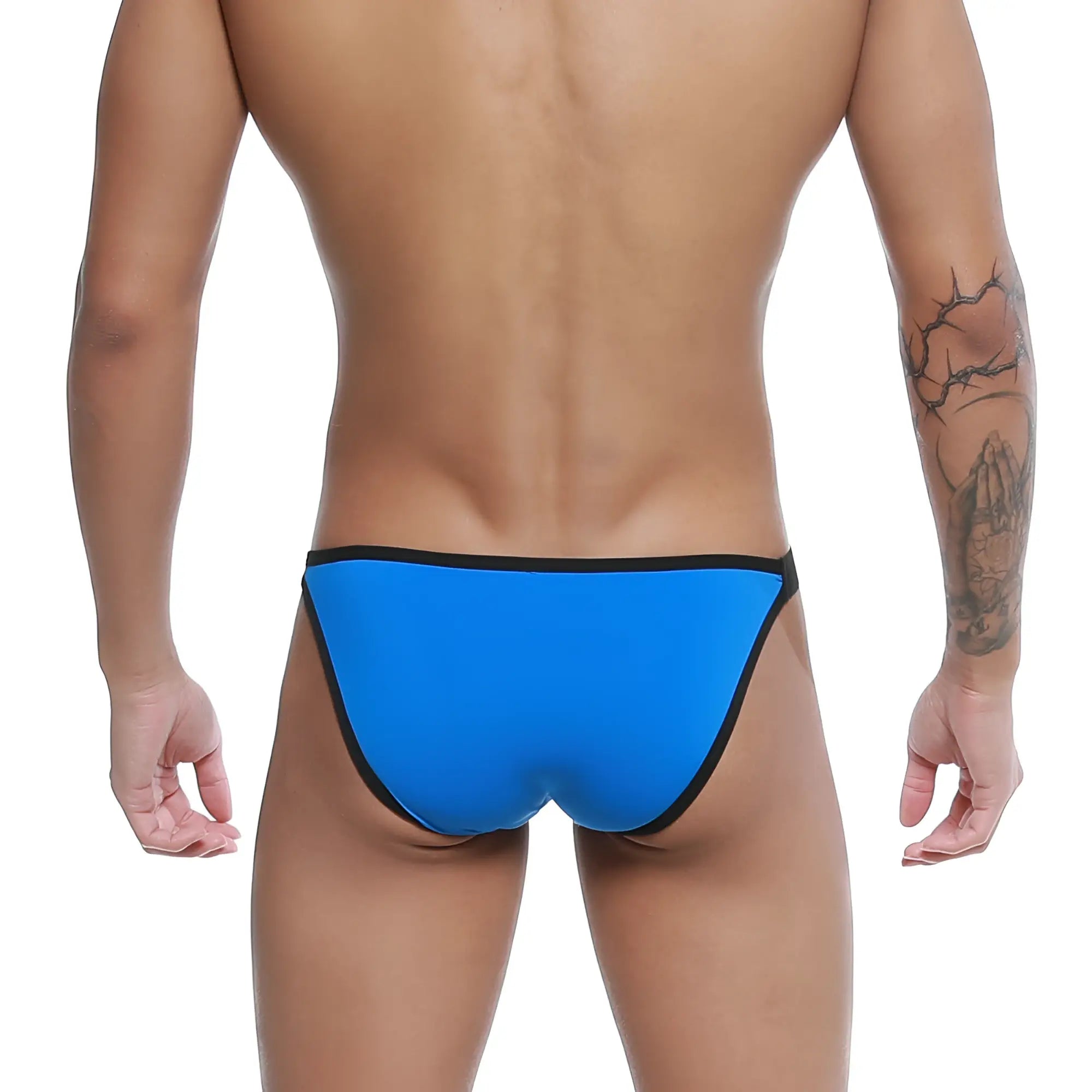 Bright blue u-station calypso bikini swim trunks with black trim designed for comfortable beachwear
