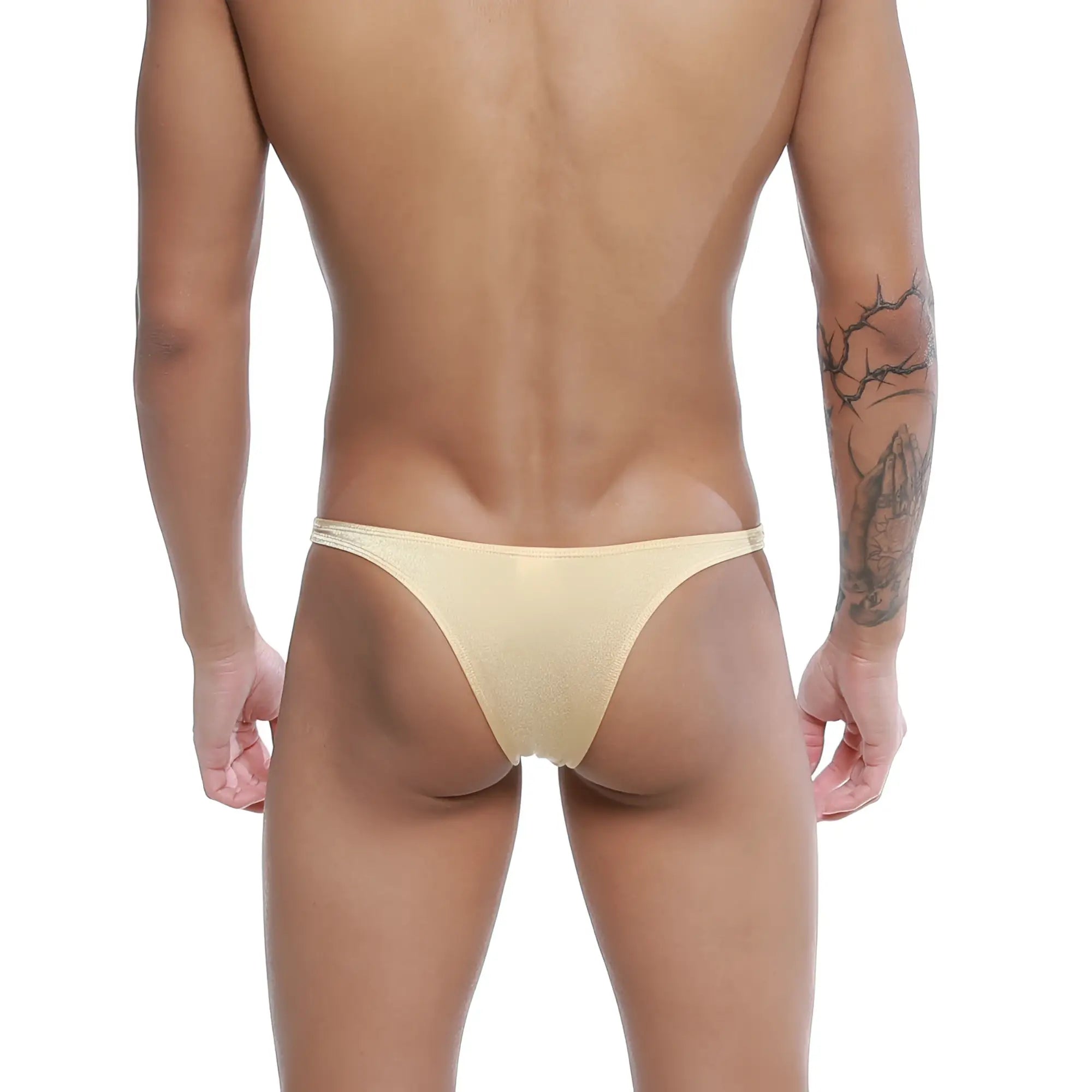 Beige sheer mesh thong with subtle shimmer from u-station dream bikini gold u0002-710 product back side view