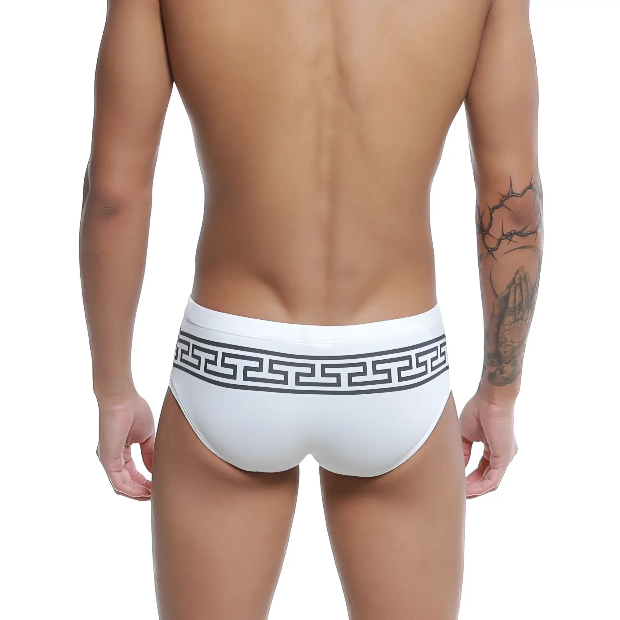 White men’s briefs u-station greek bikini black u0042-111 with bold black greek key pattern on the waistband
