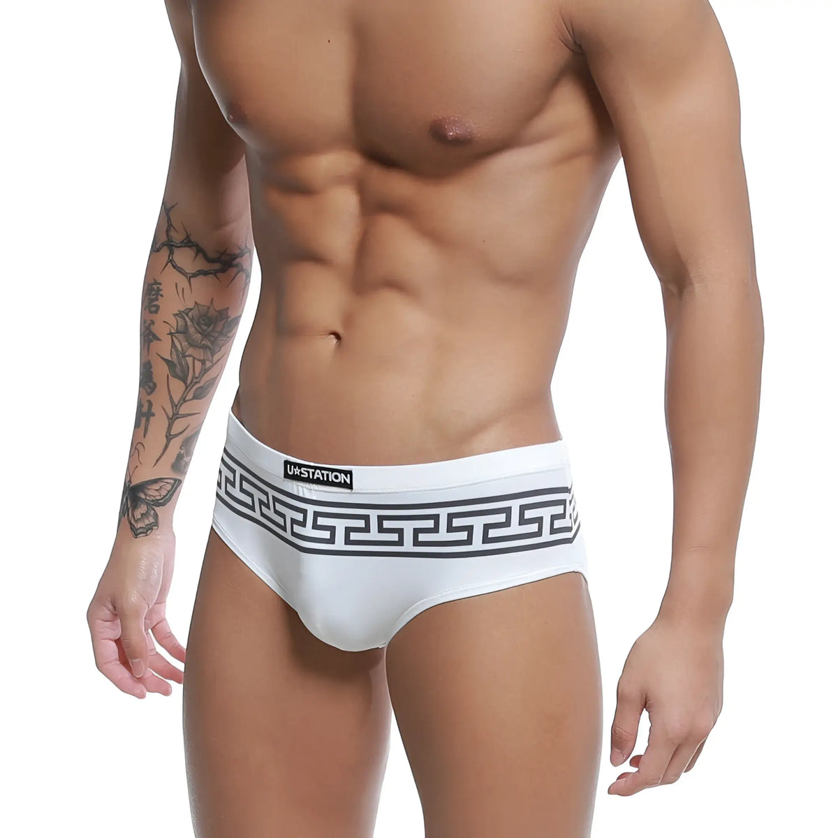 White men briefs with black greek key waistband and ua station logo in black from u station greek bikini black u0042 111