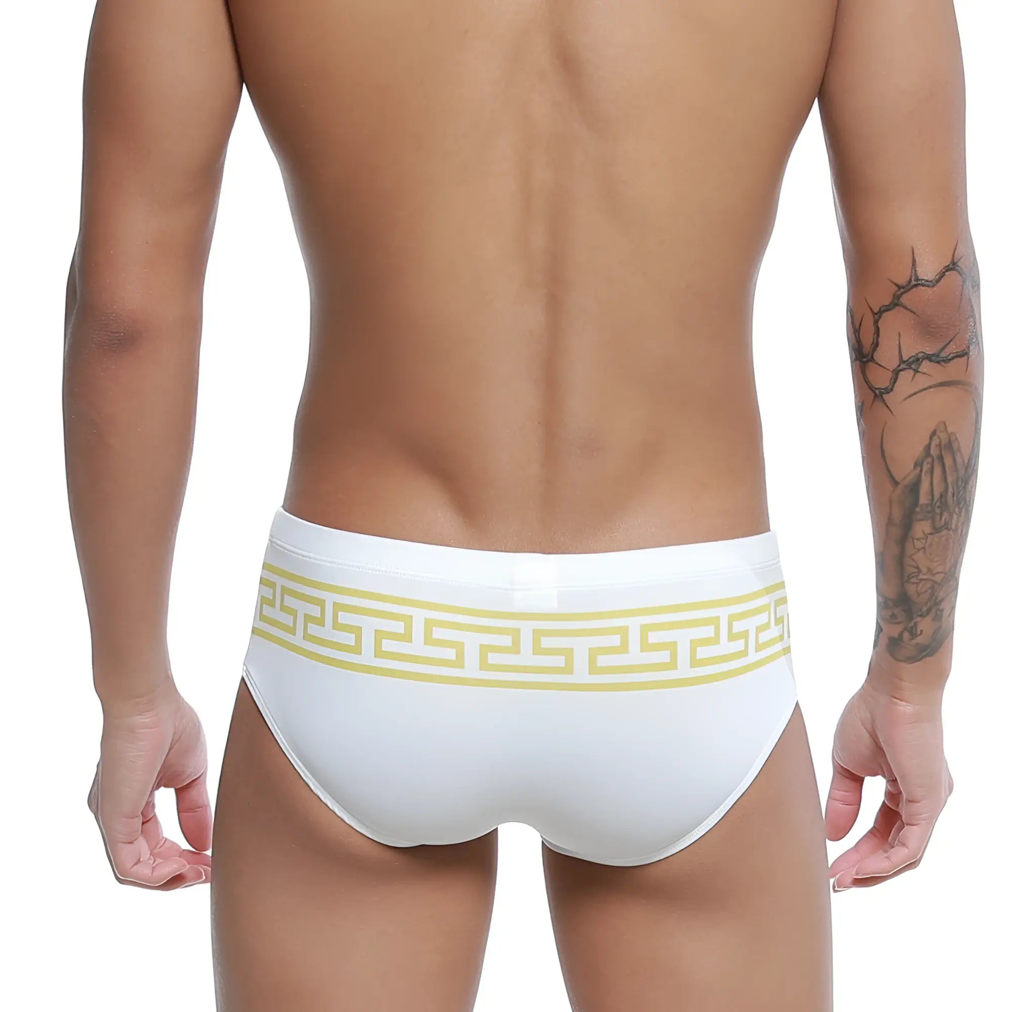 White swim trunks u-station greek bikini gold u0042-110 with bold yellow greek key pattern waistband