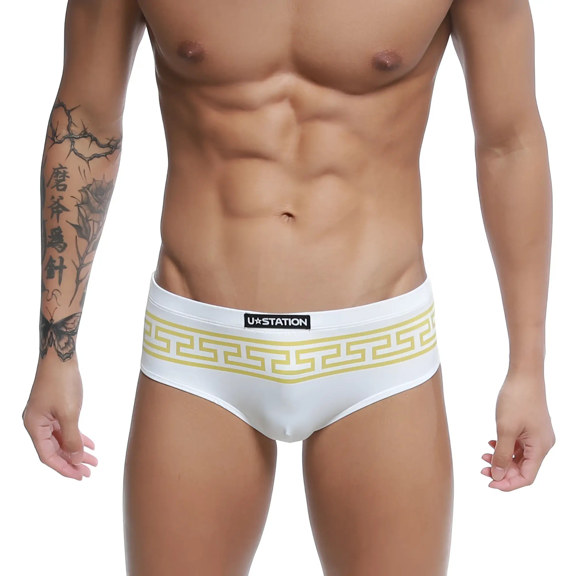 White u station bikini briefs with yellow greek key pattern waistband u station greek bikini gold u0042 110