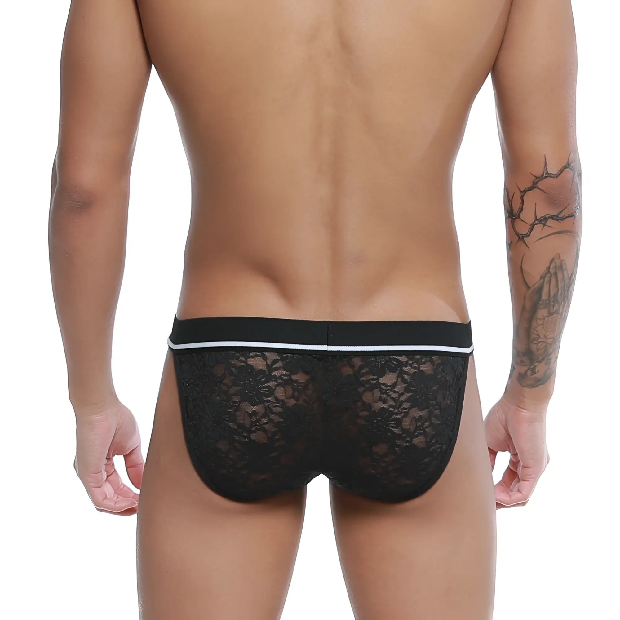 Black lace briefs with white waistband trim in u-station lace bikini black u0092-001 style