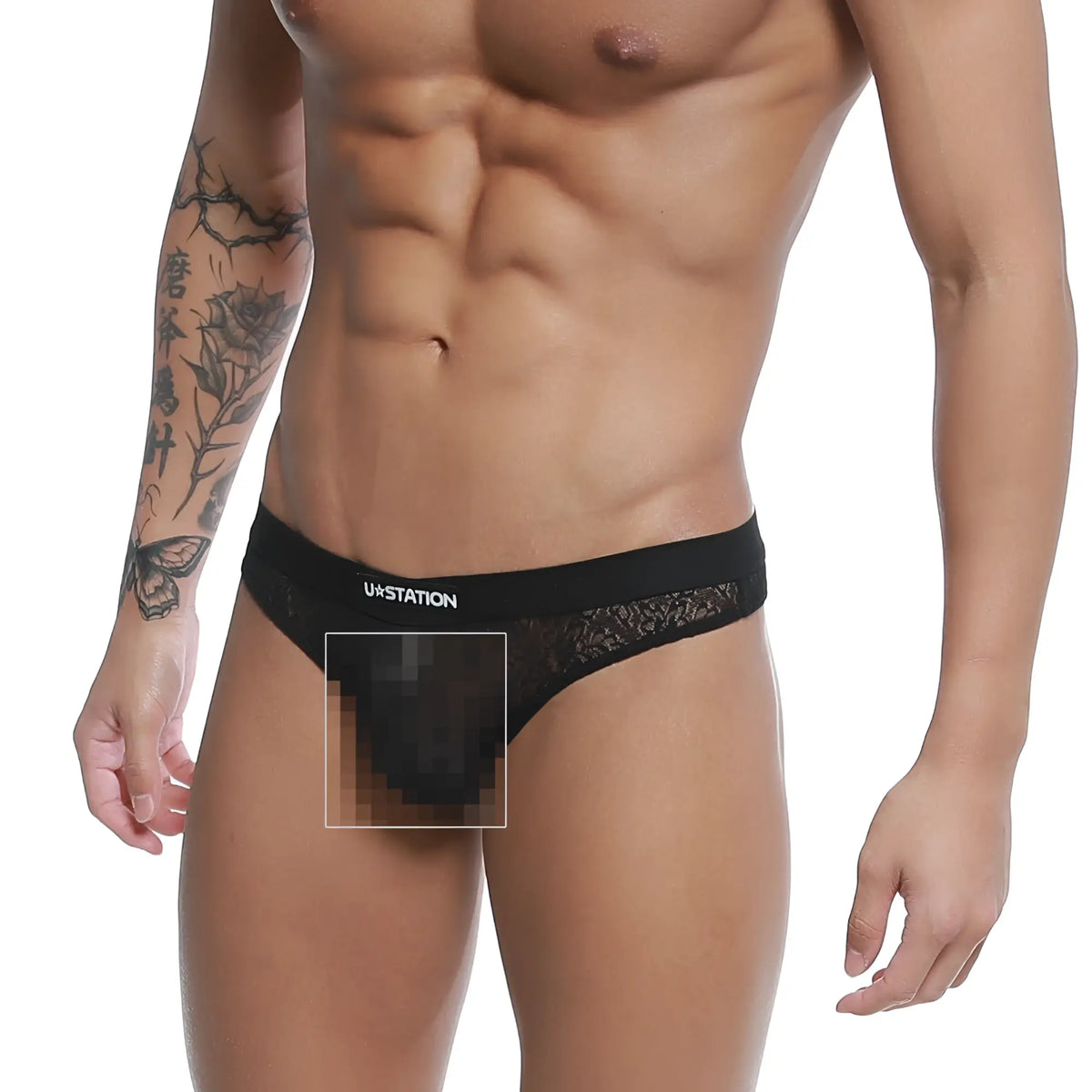 Black lace-trimmed briefs with branded waistband in black from U-Station Love Thong U0404-001, front view