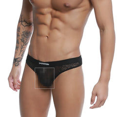 Black lace-trimmed briefs with branded waistband in black from U-Station Love Thong U0404-001, front view