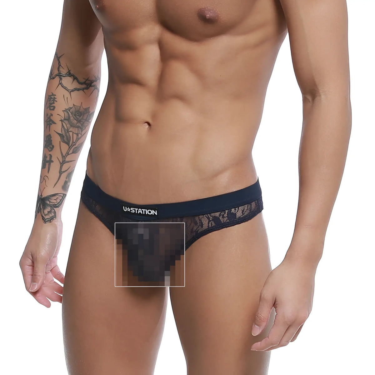 Black lace thong with branded waistband u station love thong blue u0404-199 shown from the back side