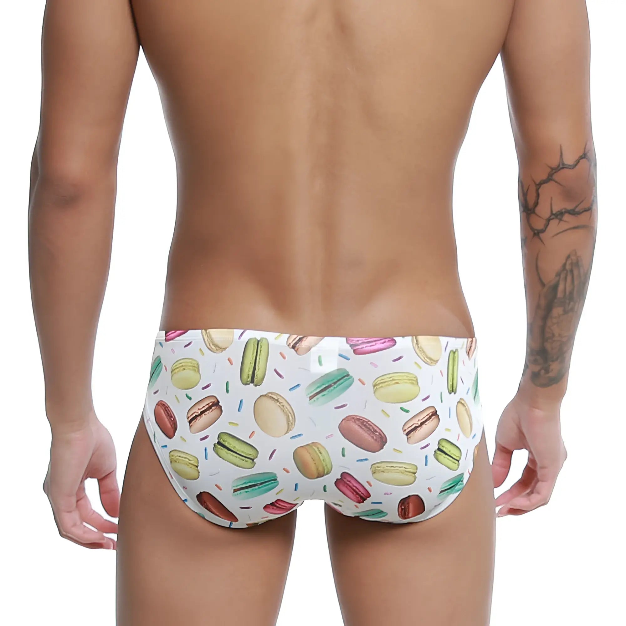 White swim trunks with a playful colorful macaron and sprinkle pattern from u-station macaron bikini u0022-112 collection