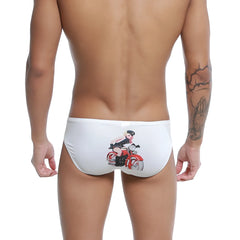 White swim trunks with red motorcycle and pin-up girl graphic from u-station rider bikini u0022-110 collection