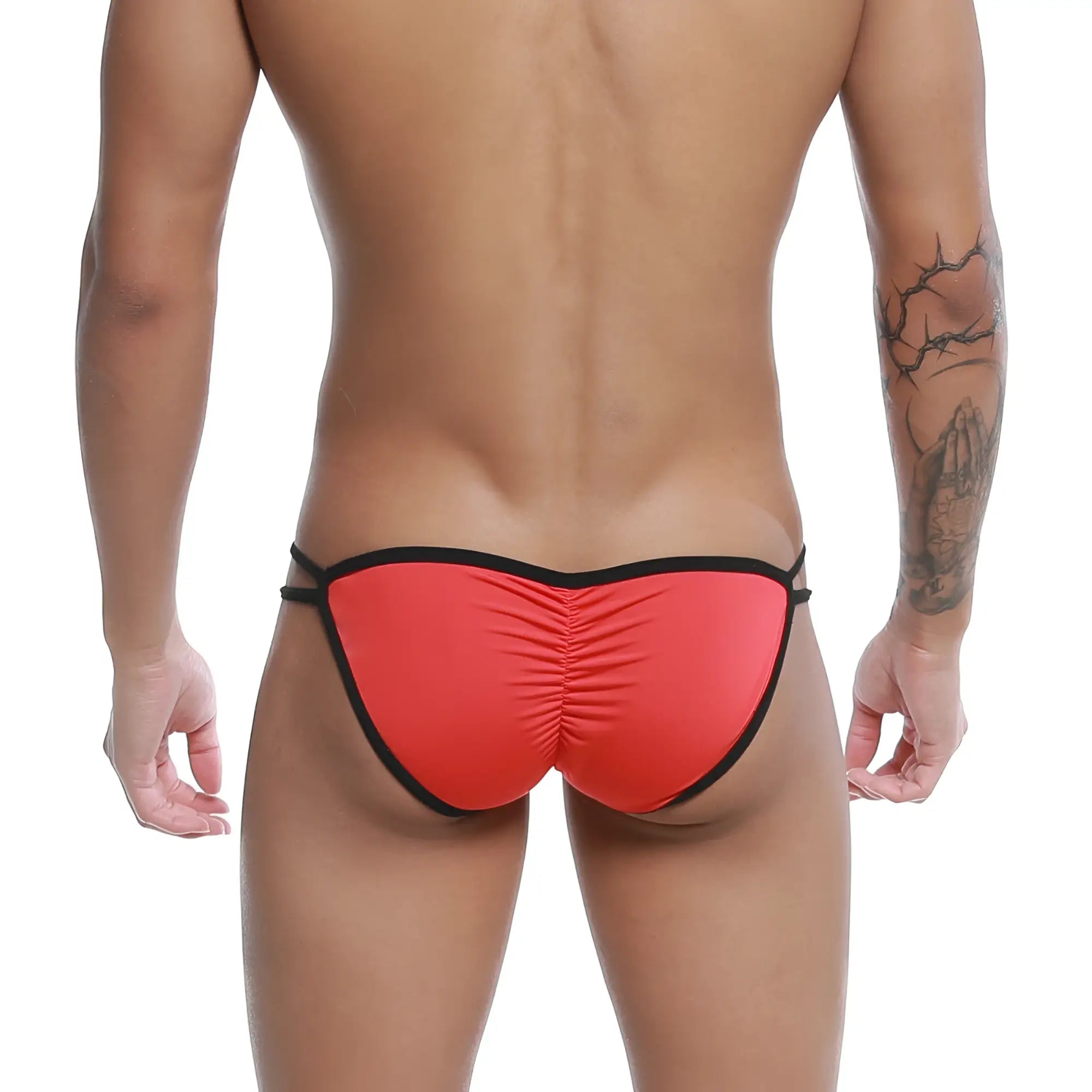 Back side of red and black u-station skeleton bikini thong with ruched back and elastic waistband designed for swimwear