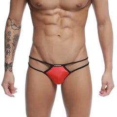 Red and black u-station skeleton bikini thong with a sleek minimalist design showing front view