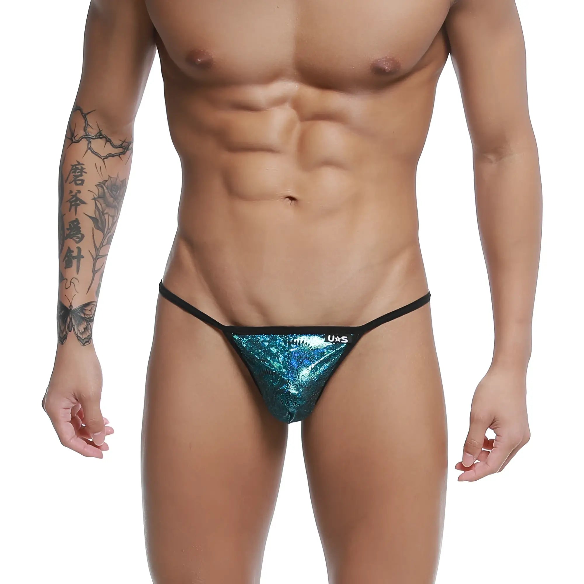 Shiny teal sequined U-Station string thong with black trim in blue peacock color front view