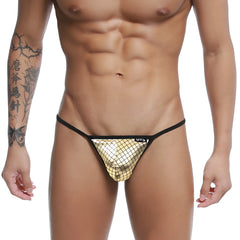 Gold mesh string thong with black trim u-station gold check u0304-996 shown from the back side