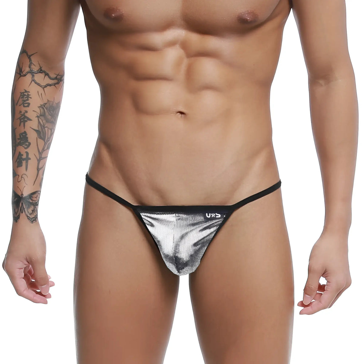 Silver metallic mesh string thong with black trim and small uxs logo on waistband u-station u0304-993