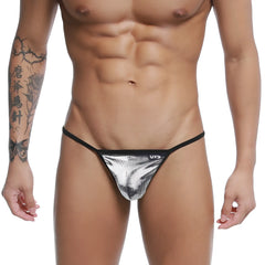 Silver metallic mesh string thong with black trim and small uxs logo on waistband u-station u0304-993