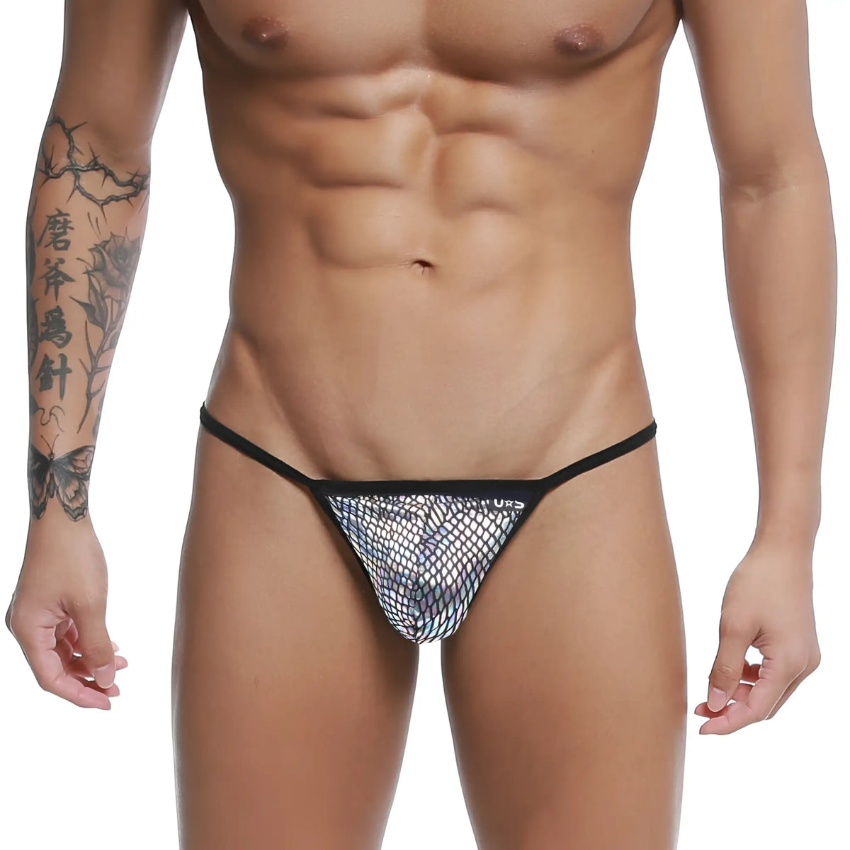Black-trimmed mesh thong with a shimmering iridescent pattern u-station string thong technic u0304-992 front view