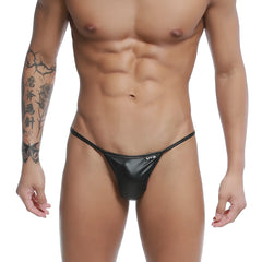 Black shiny faux leather thong with small ukd logo front u station trendy thong black u1114-001
