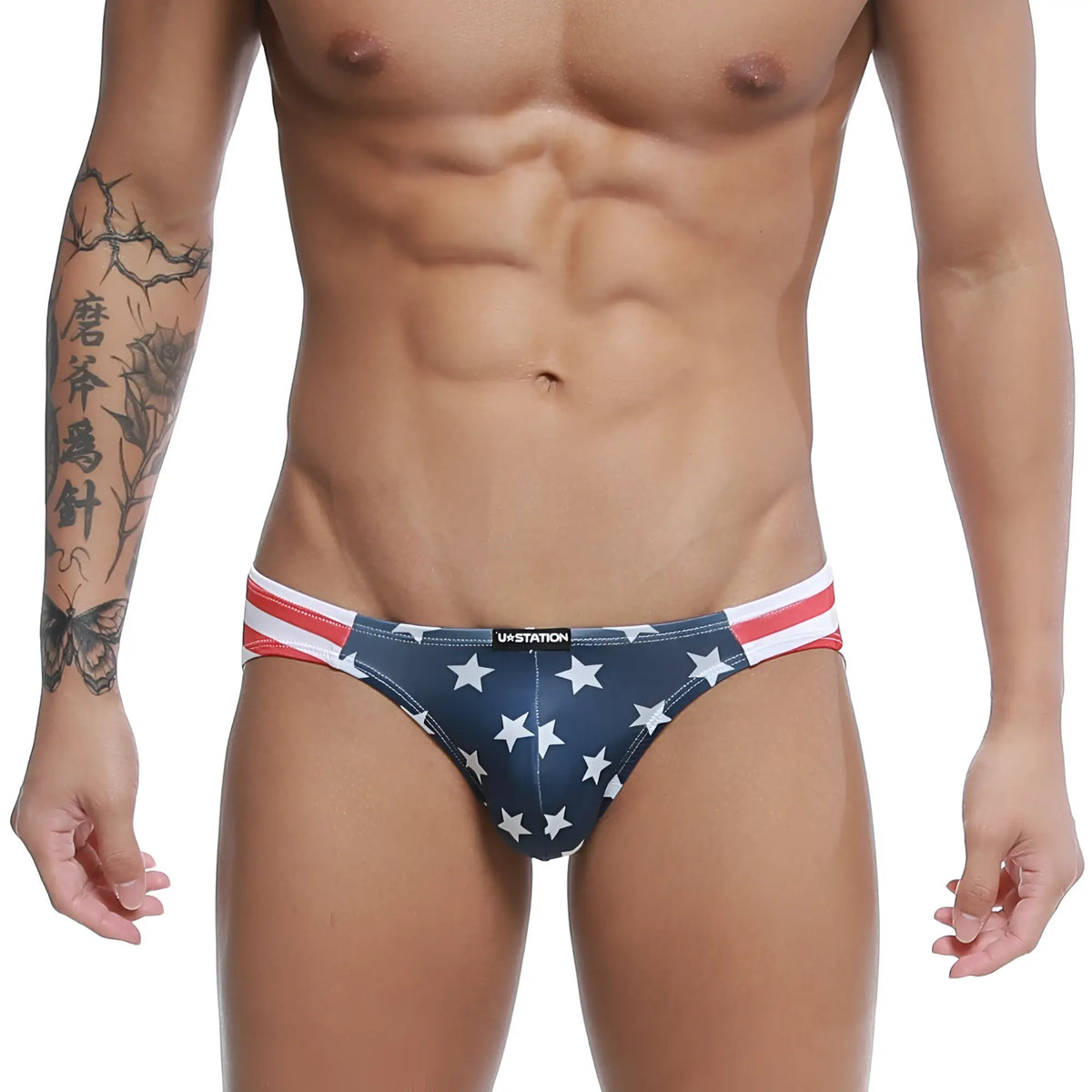 Blue american flag-themed briefs with white stars and red and white striped waistband by U-Station usa bikini U0022-606