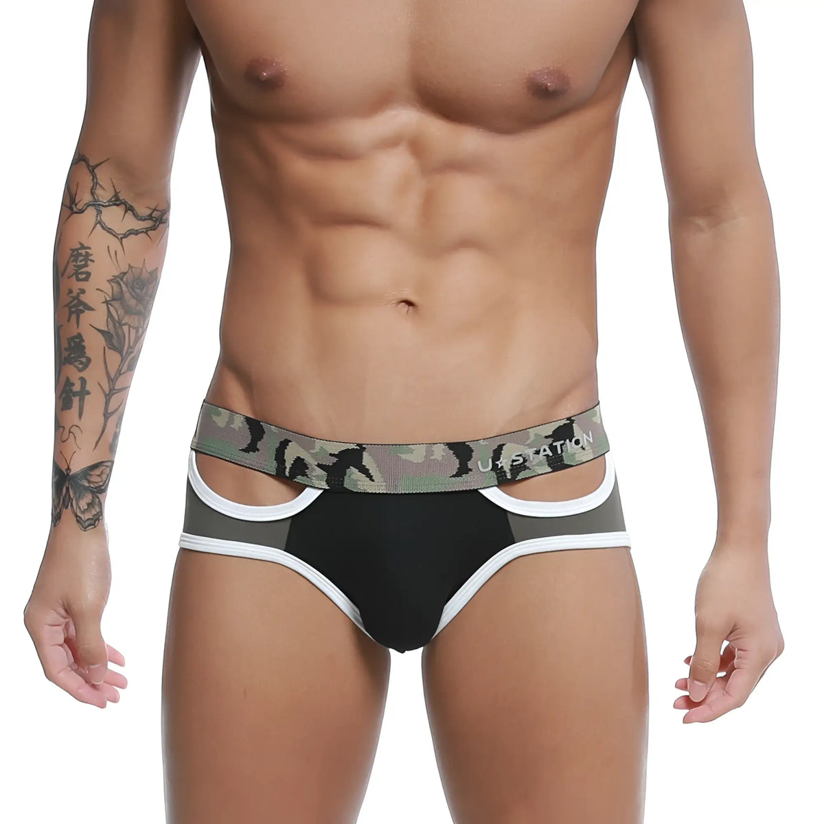 Black and gray camouflage u station wings brief with white trim and bold u.s logo in cotton fabric
