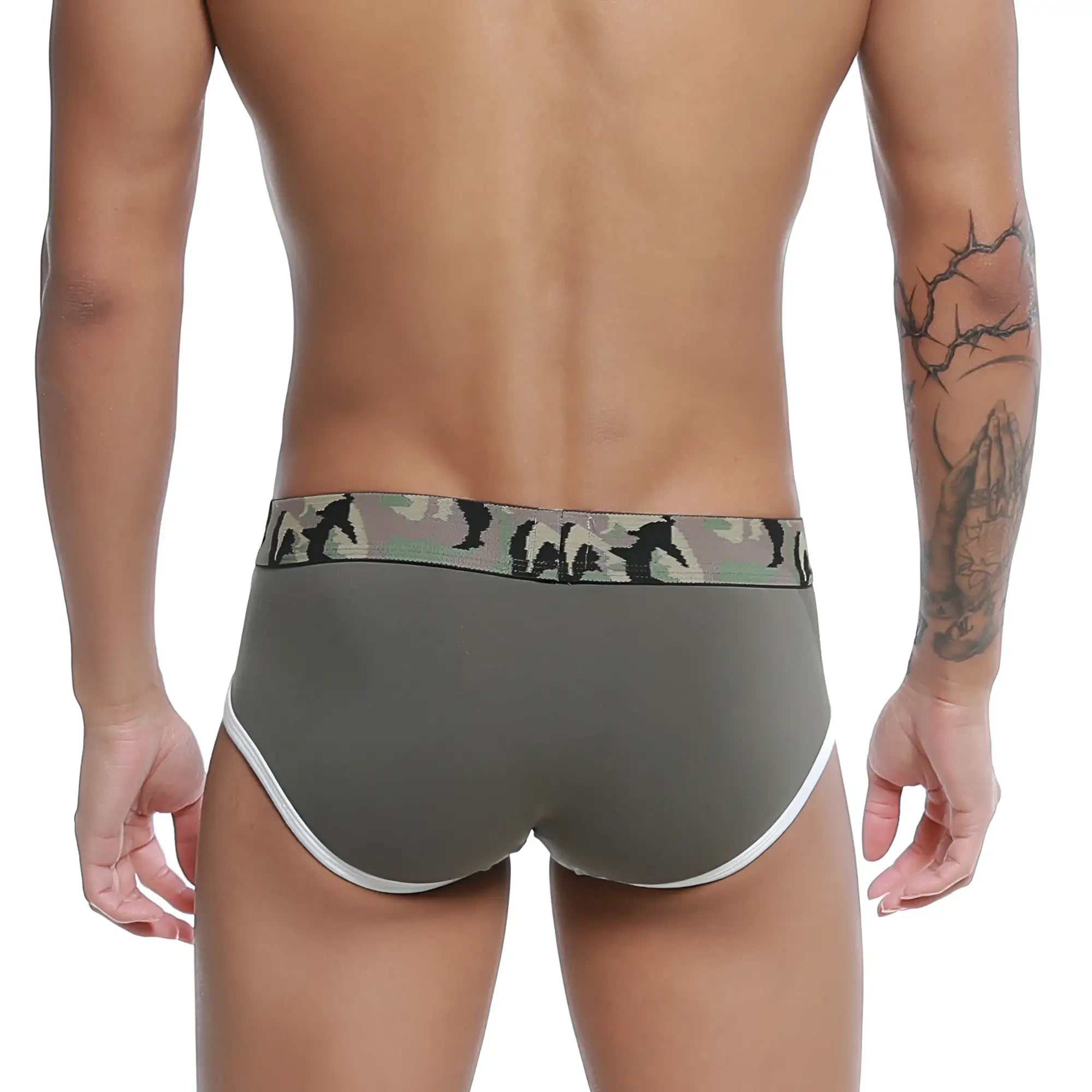 Olive green u-station wings briefs with camouflage waistband black silhouettes and white trim on leg openings