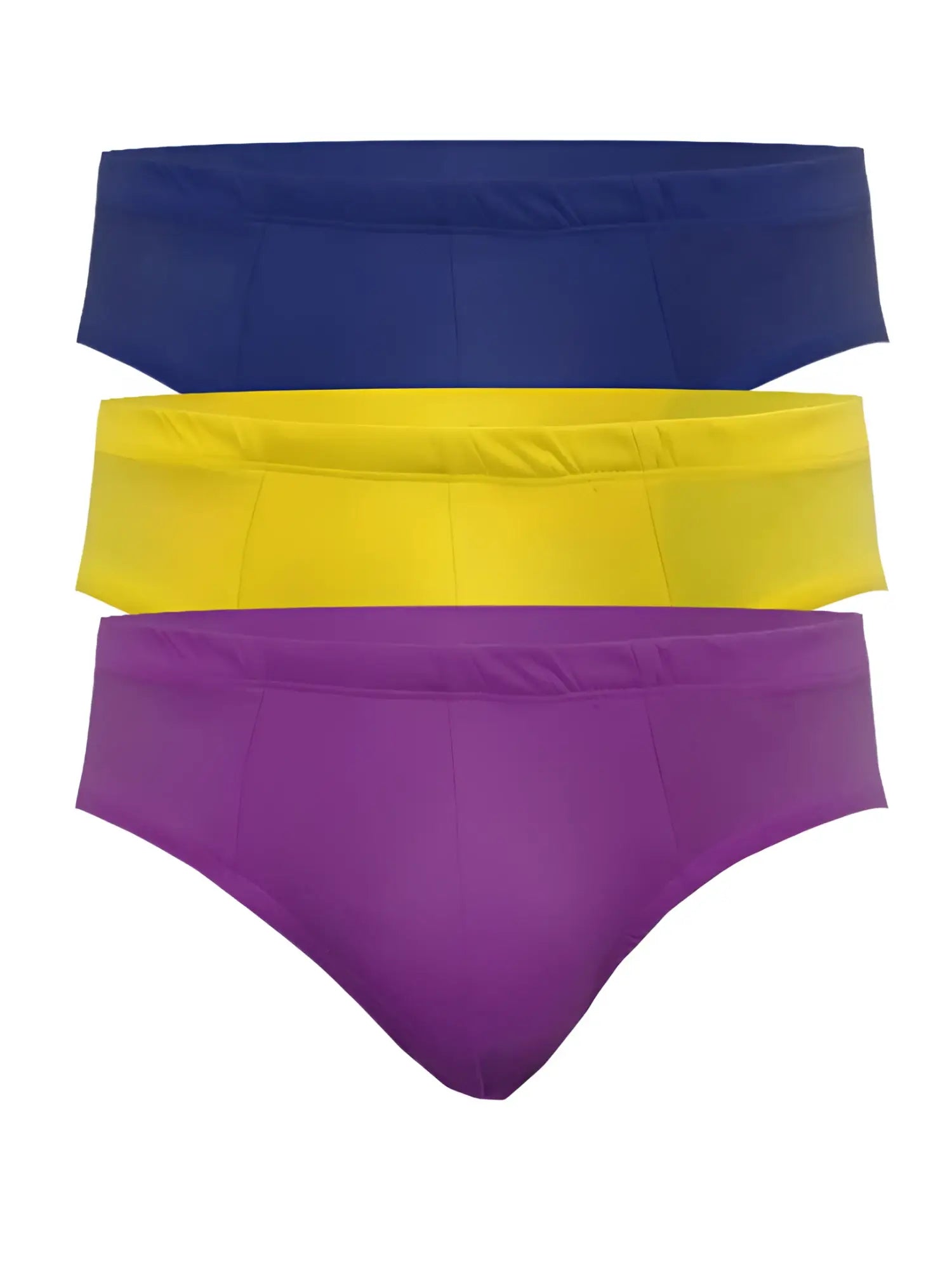 Set of three ug contour basic briefs in assorted navy blue yellow and purple solid colors with vibrant design