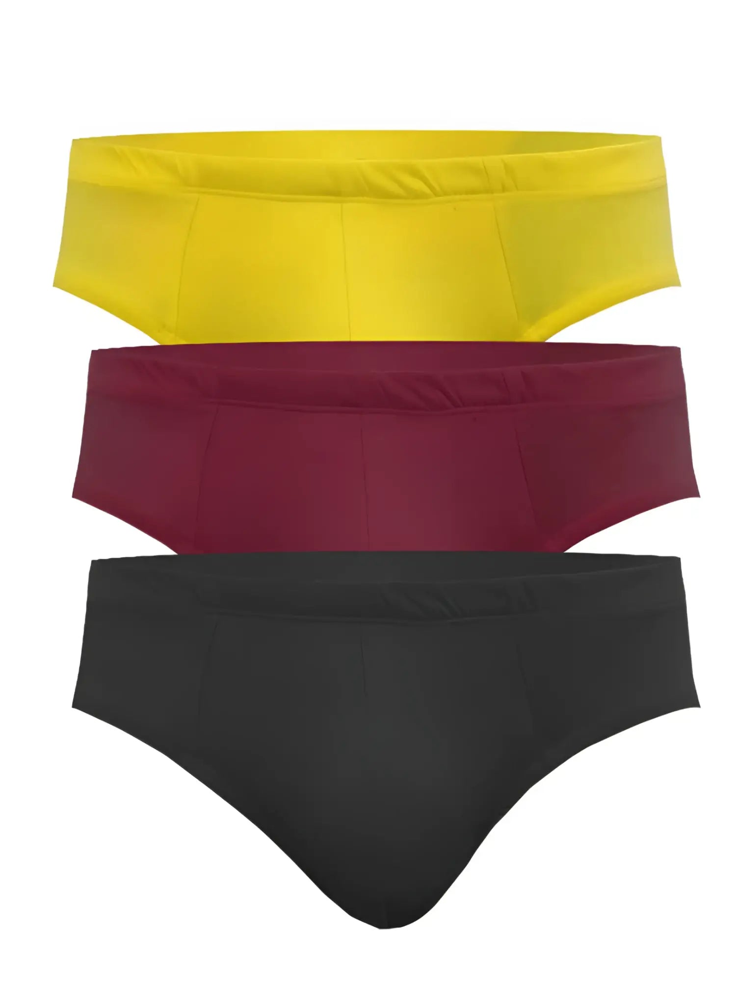 Three pairs of ug contour basic briefs in vibrant yellow deep maroon and solid black with contour fit