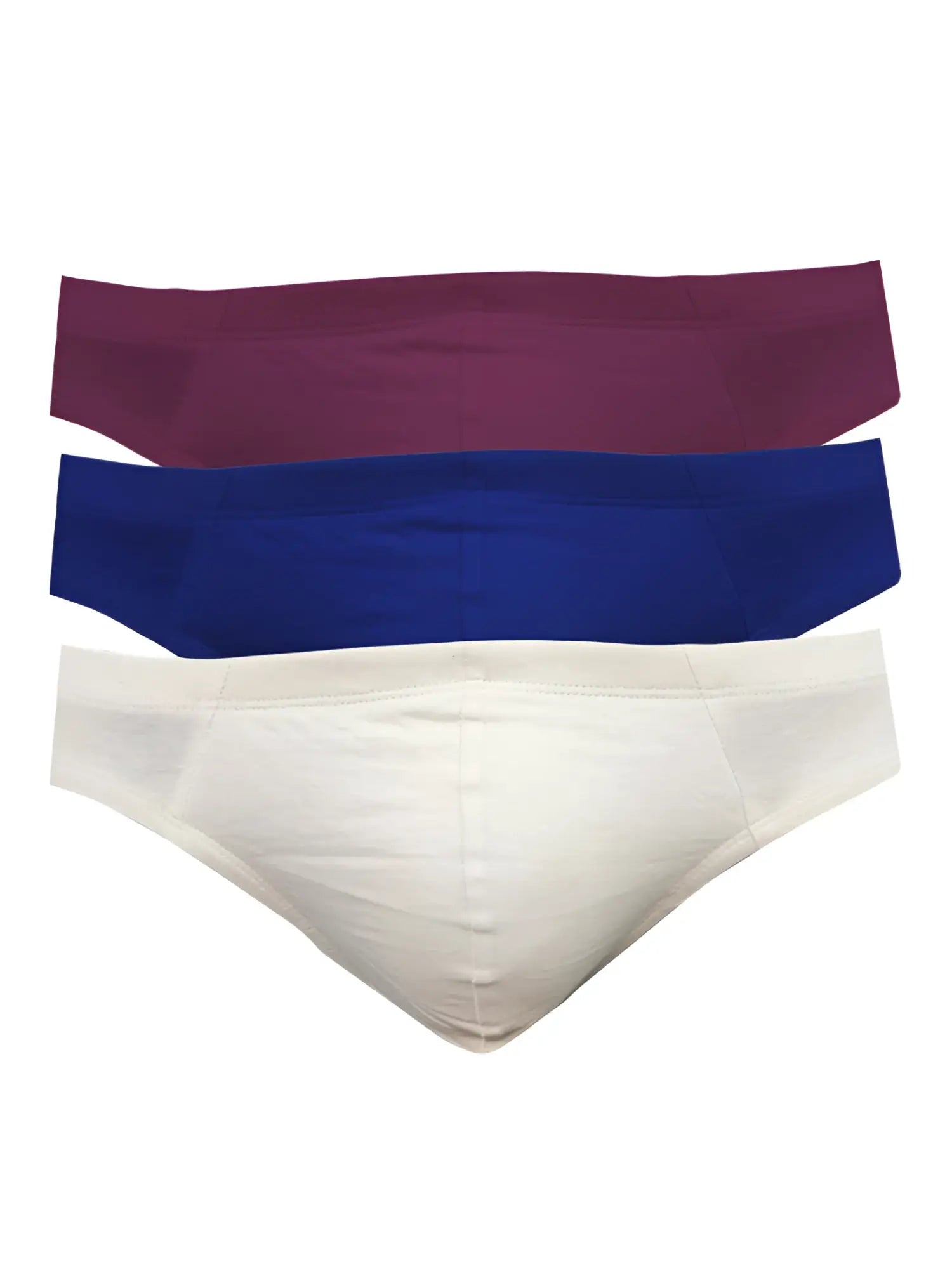 Three pairs of ug contour french brief men’s briefs in maroon royal blue and white with contour pouch design