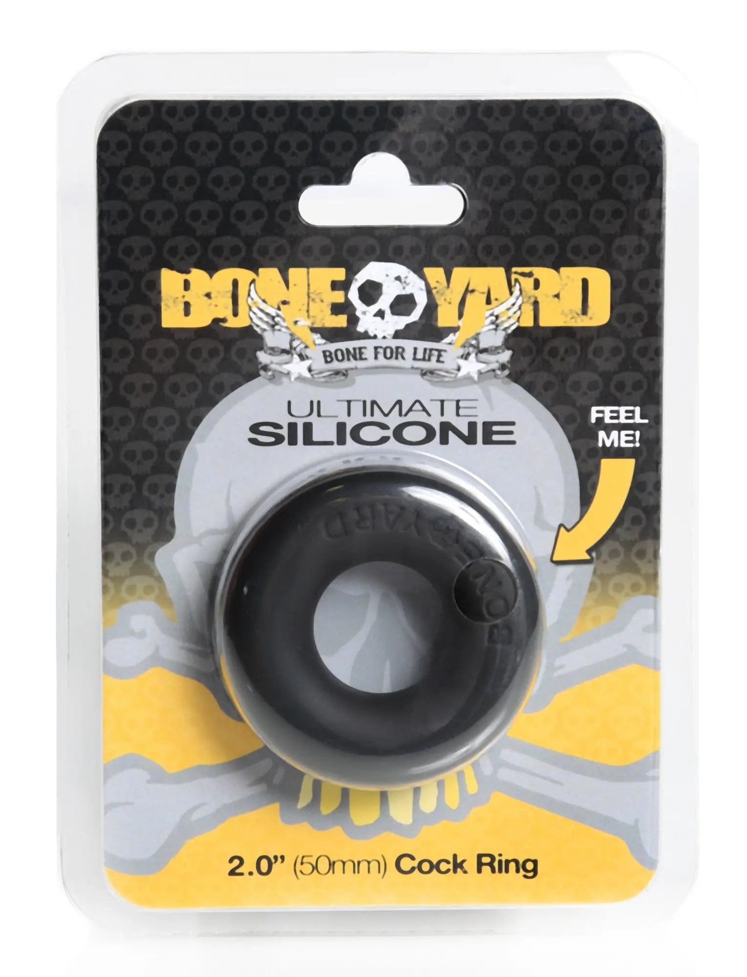 Black silicone cock ring from bone yard featuring a smooth circular design with an embossed skull logo