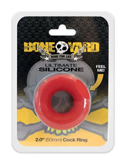 Red silicone cock ring 2 inch diameter packaged with skull design and bone yard branding ultimate silicone ring red