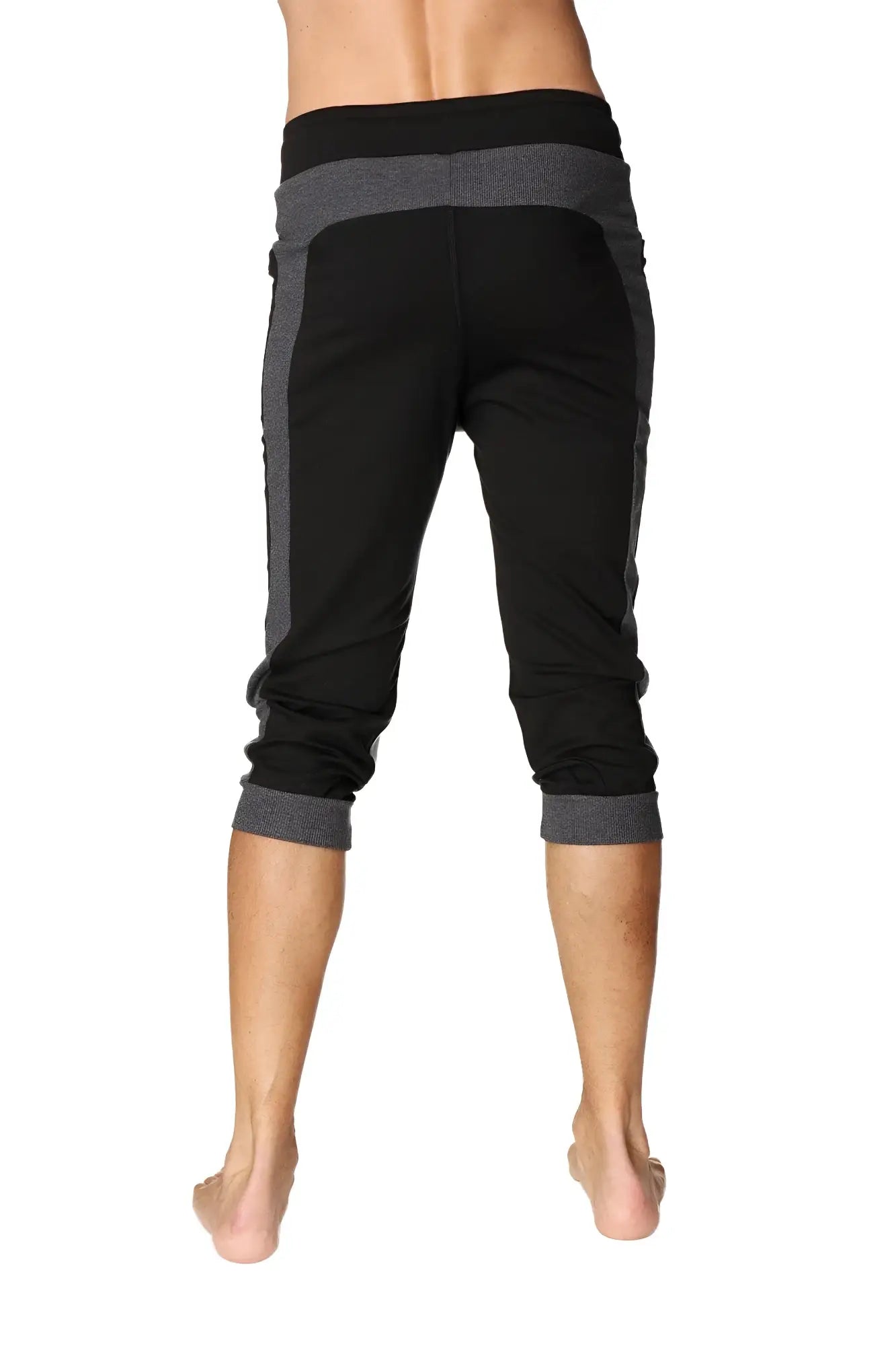 Black and gray ultra-flex tri-color cuffed yoga pants with ribbed waistband and heathered gray side panels