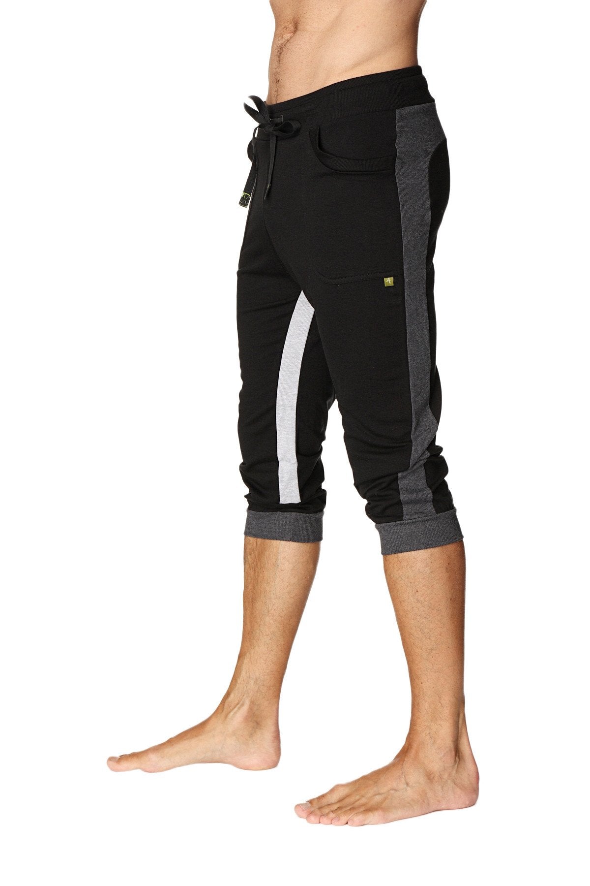 Ultra-flex tri-color cuffed yoga pant in black with charcoal and grey featuring a white side stripe elastic cuffs and drawstring waistband