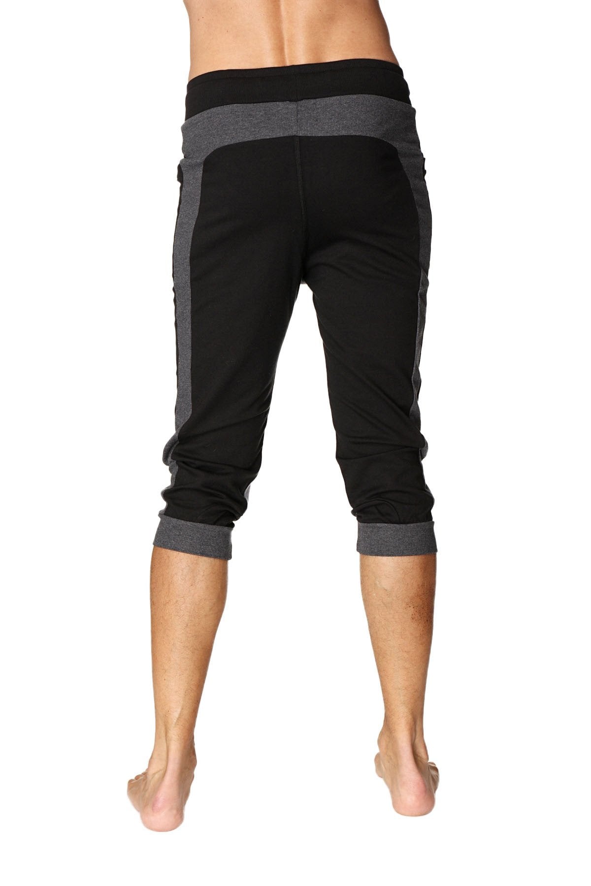 Black and gray ultra-flex tri-color cuffed yoga pants with ribbed waistband and heathered gray side panels