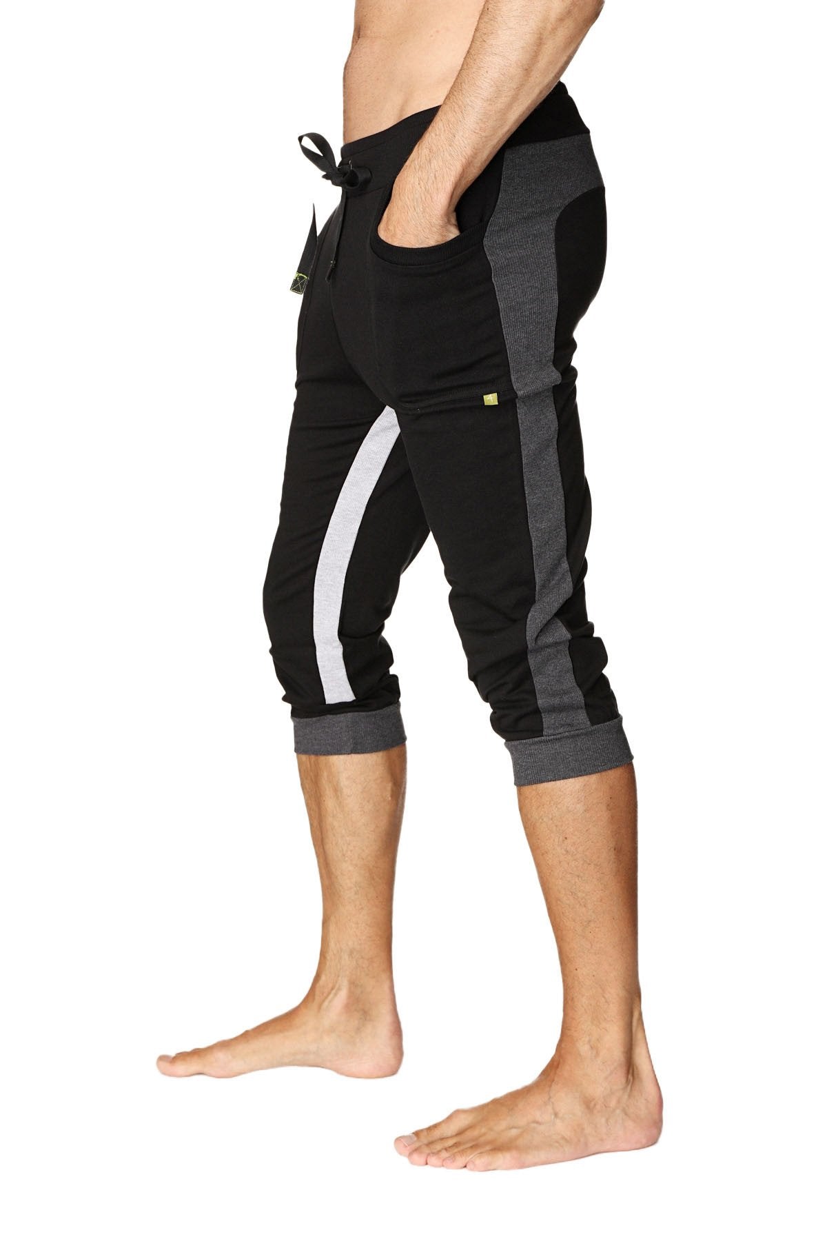 Ultra-flex tri-color cuffed yoga pant in black with charcoal and grey featuring elastic cuffs and white side stripe