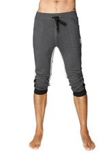 Ultra-flex tri-color cuffed yoga pant in charcoal with black and grey heathered jogger fabric and white side panels