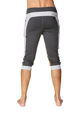 Dark gray ultra-flex tri-color cuffed yoga leggings with light gray side panels and cuffs and subtle heathered texture