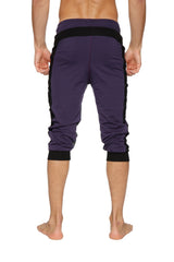 Ultra-flex tri-color cuffed yoga pant in eggplant with black and charcoal panels and elastic cuffs for athletic use