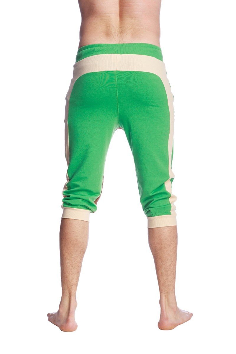 Ultra-flex tri-color cuffed yoga capri pants in green sand and chocolate with ribbed waistband side stripes and rolled cuffs